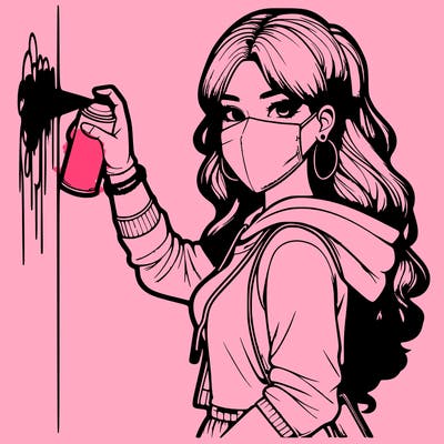 realistic girl with mask spray painting a wall