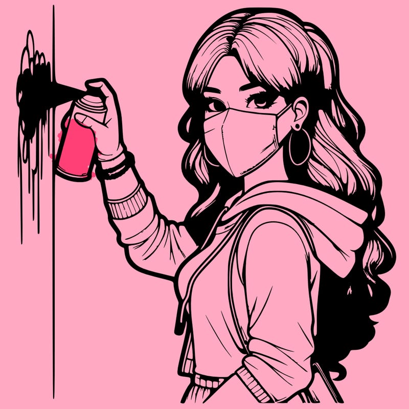 realistic girl with mask spray painting a wall