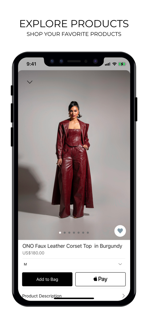 OFUURE - A woman wearing a burgundy faux leather corset top and matching coat on the OFUURE app product page.