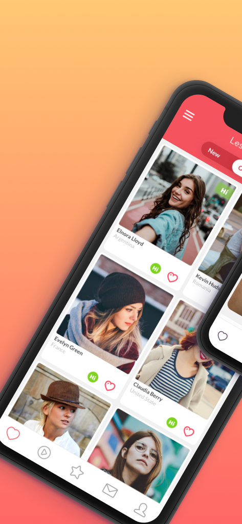 Mobile app interface of Lesbian Singles showing a grid of diverse user profiles with like and chat icons.