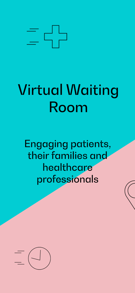 Startbildschirm für die App "Virtueller Warteraum" mit medizinischem Kreuz und Uhrensymbolen auf einem blaugrünen und rosa Hintergrund