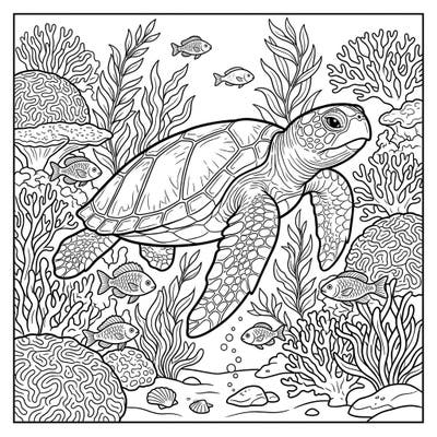 Embark on an oceanic journey with this intricate coloring page featuring a magnificent Loggerhead Sea Turtle. This detailed scene invites you to bring a vibrant underwater world to life with your favorite colors.