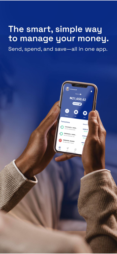 Bankit - Send Money Fast - A person holding a smartphone displaying the Bankit app dashboard with account balance and transaction history