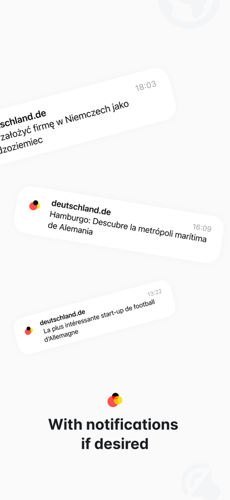 A smartphone screen displaying multilingual push notifications from the deutschland.de mobile application.