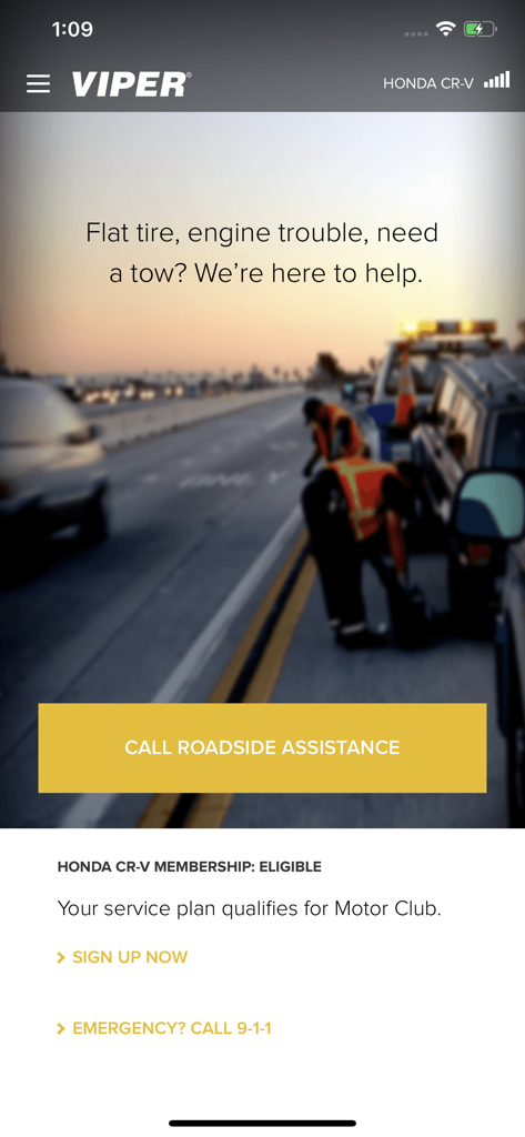 Viper SmartStart app screen for roadside assistance with a button to call help and membership eligibility details