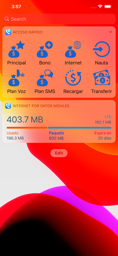 Widget iOS da aplicação CallerID mostrando o saldo de dados móveis e ícones de acesso rápido para o Nauta e serviços de recarga.