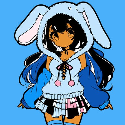 pretty anime girl wearing a fluffy hoodie with bunny ears on the hood and a skirt