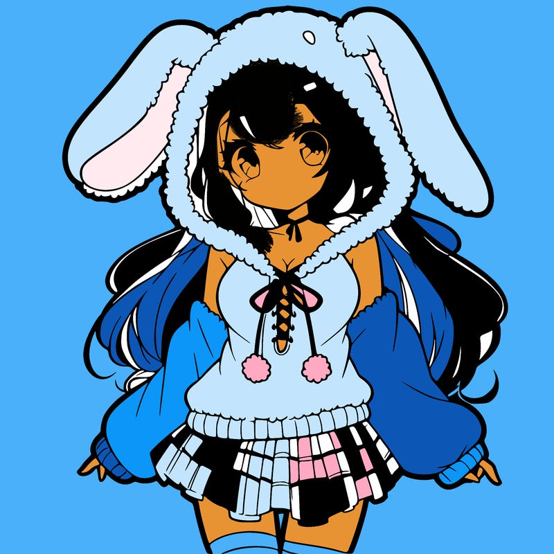 pretty anime girl wearing a fluffy hoodie with bunny ears on the hood and a skirt