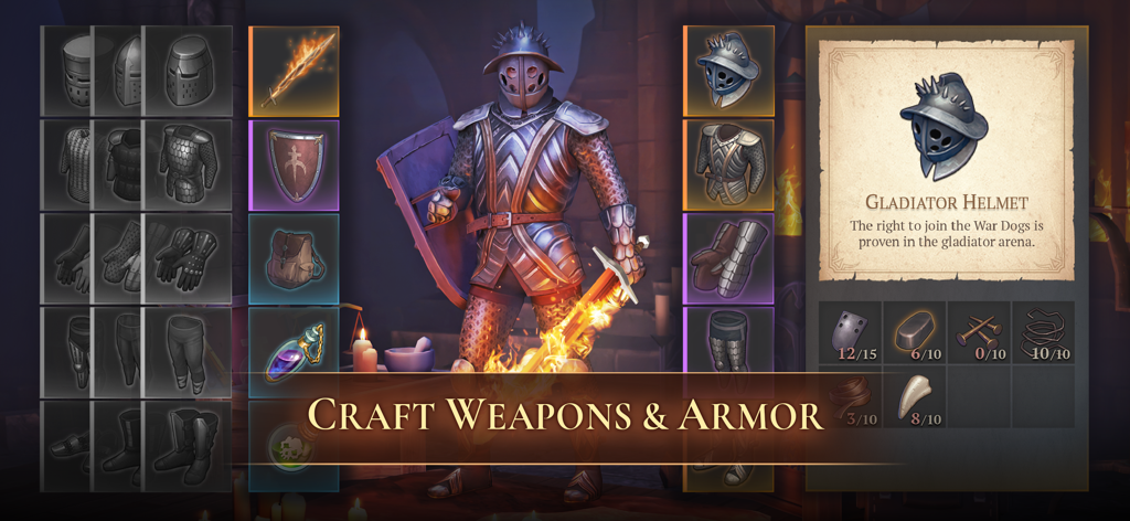 Menú de equipo y creación de personajes en Grim Soul que muestra a un caballero con armadura y una espada flamígera.