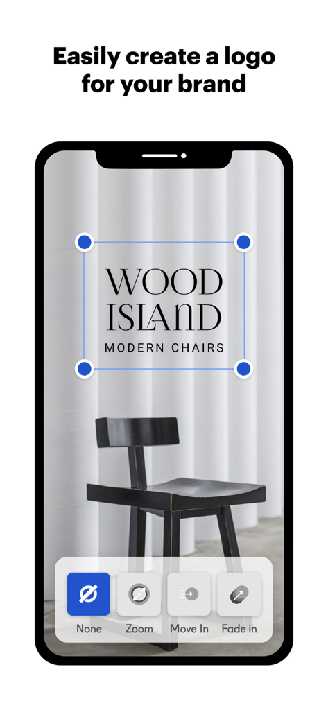 Mobile phone screen displaying VistaCreate app logo design interface for a furniture brand