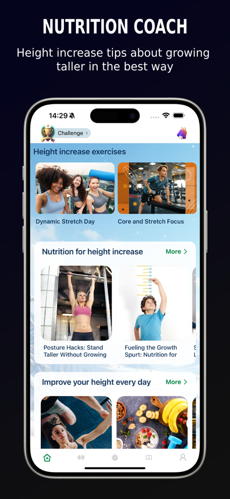 Teen height increase app nutrition coach interface showing exercises and growth tips