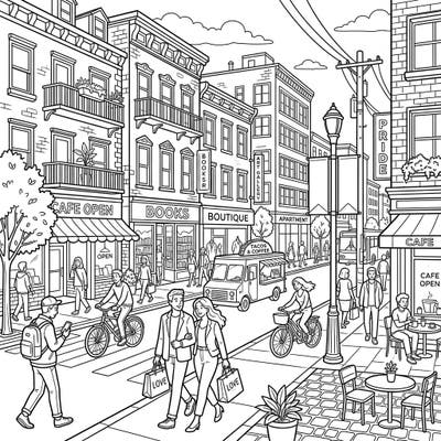 Step into the heart of a vibrant city with this intricately detailed street photography coloring page. Explore bustling shops, diverse people, and urban charm, offering a delightful and engaging coloring experience.