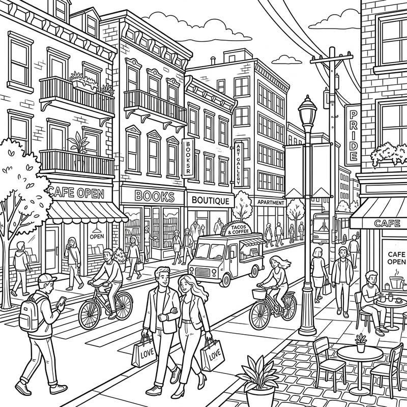 Step into the heart of a vibrant city with this intricately detailed street photography coloring page. Explore bustling shops, diverse people, and urban charm, offering a delightful and engaging coloring experience.