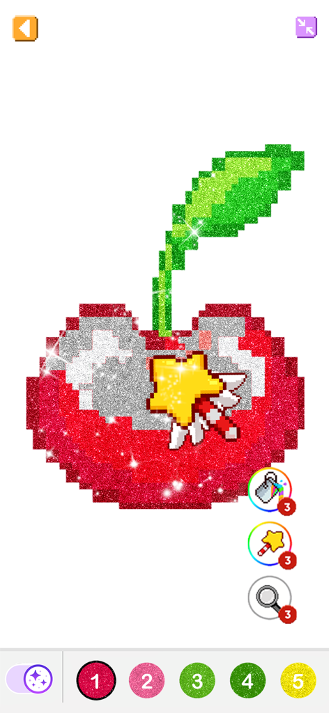A glittery pixel art cherry being colored in the Pixel By Number app interface.