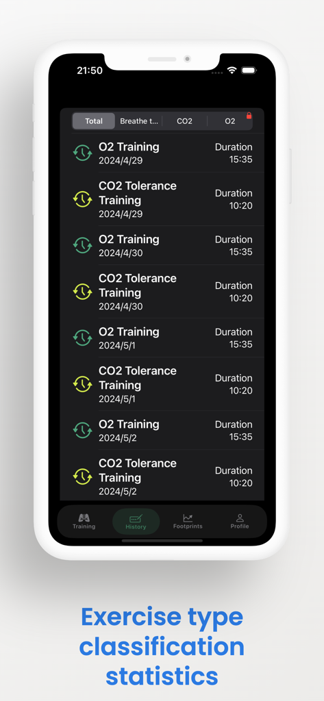 Pantalla de la aplicación que muestra una lista de sesiones de entrenamiento de buceo libre para la tolerancia de O2 y CO2