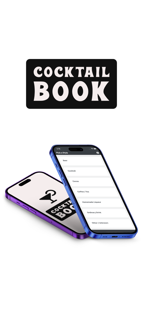 Cocktail Buch App-Bildschirme, die Getränkestil-Kategorien und das Logo zeigen