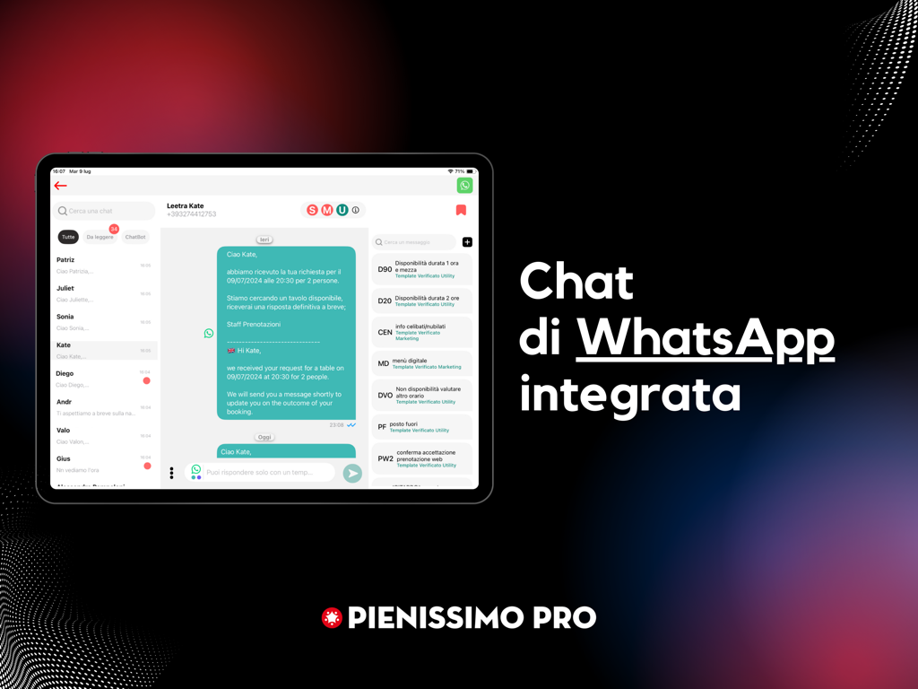 Pienissimo Pro - Integrated WhatsApp chat interface on the Pienissimo Pro iPad app for restaurant management.