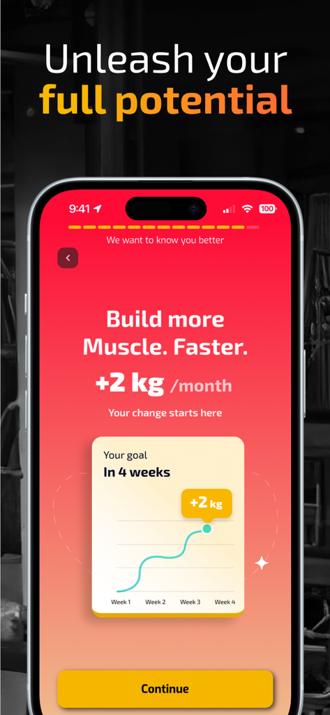 FitKeeper app onboarding screen showing a muscle gain progress chart with a goal of two kilograms per month