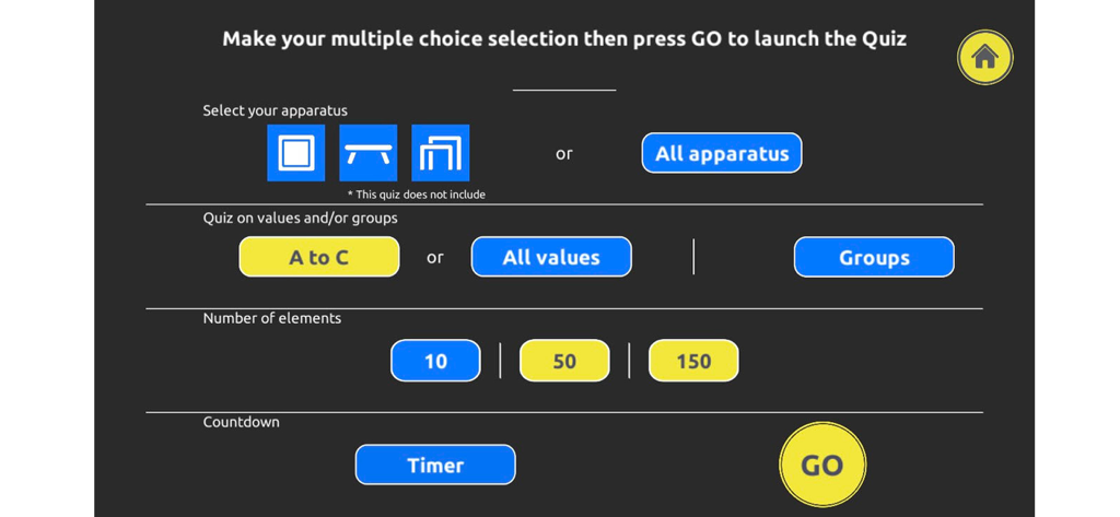 Setup screen for a gymnastics quiz with options for apparatus skill values and number of elements