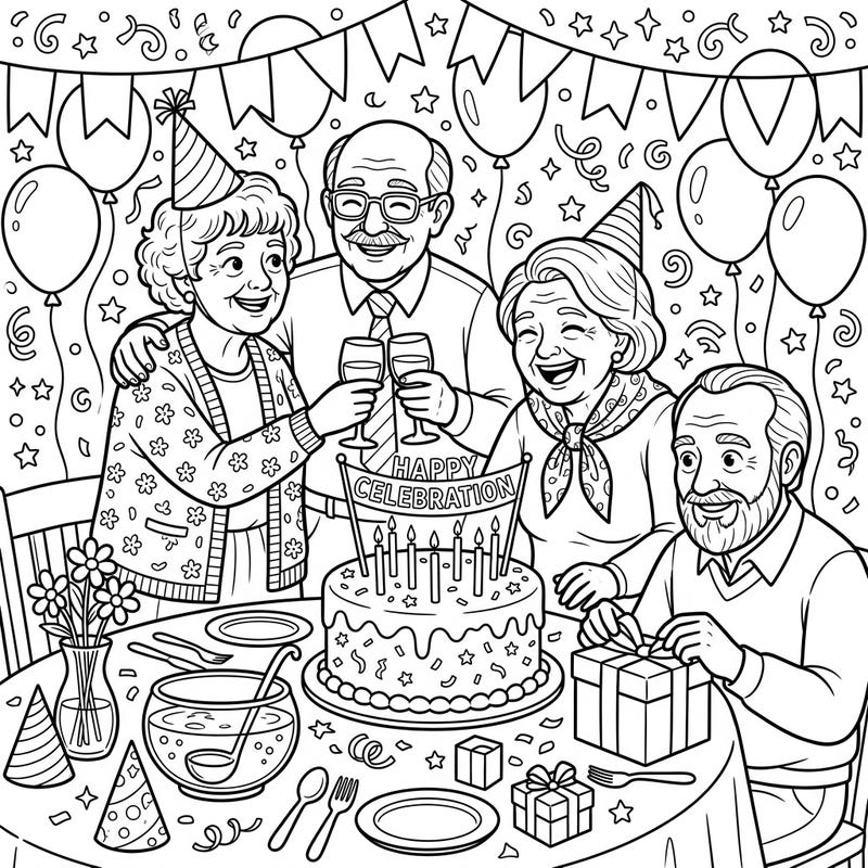 Gather your colors and join this heartwarming scene of seniors celebrating a special occasion with friends and family. This delightful coloring page captures the joy of shared moments, complete with cake, gifts, and festive decorations.