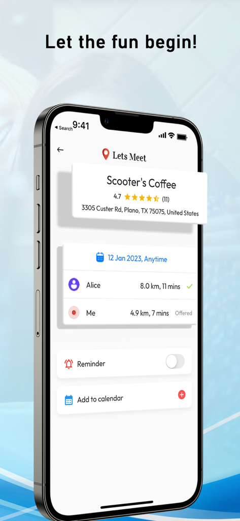 Pantalla de la aplicación Lets Meet que muestra el tiempo de viaje y la distancia para que dos personas se reúnan en una cafetería