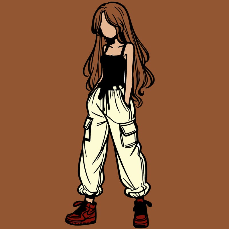girl in baggy pants crop top and long hair