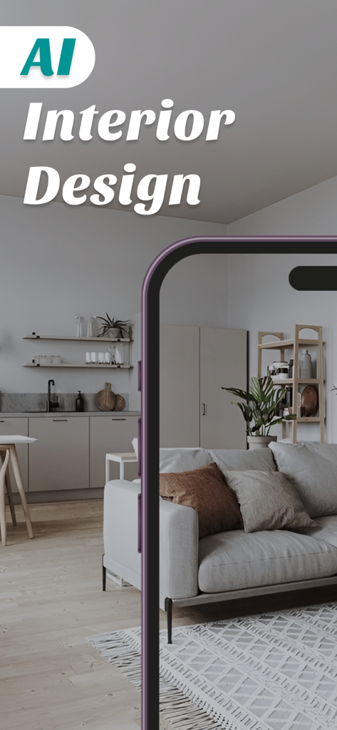 AI Interior Design Decor Home. - AIインテリアデザインアプリのプレビュー、モダンなリビングルームのレンダリングを表示