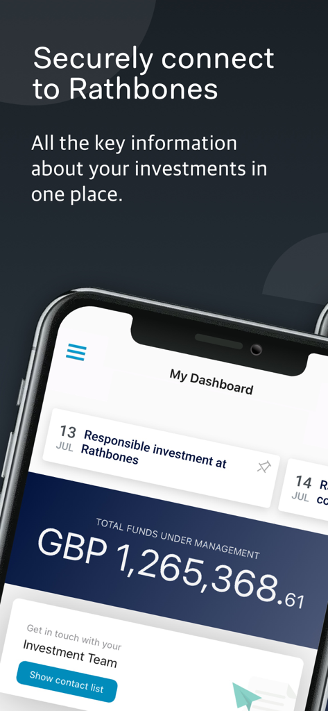 MyRathbones app dashboard showing total investment funds and advisor contact details