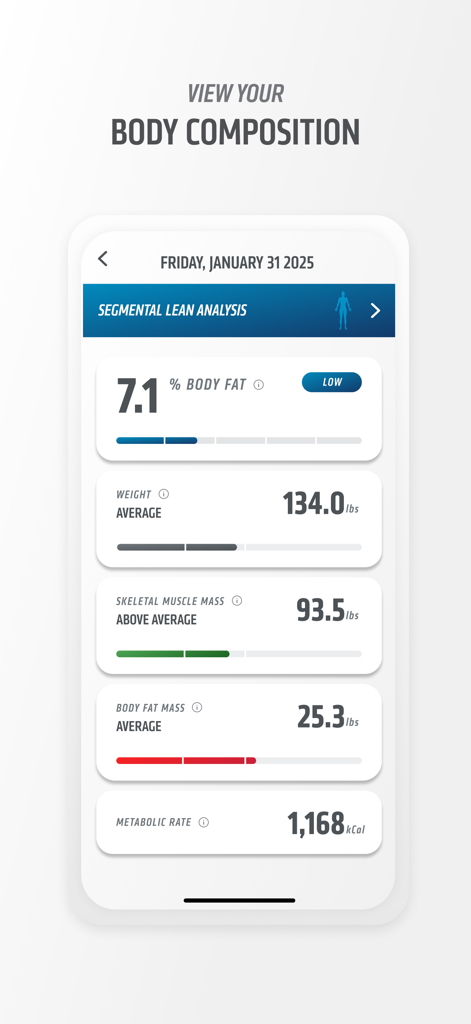 Orangetheory Fitness app screen showing body composition analysis including body fat percentage weight and muscle mass