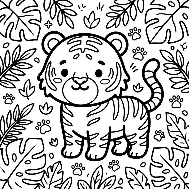 Embrace the cuteness of the wild with this delightful Kawaii Malayan Tiger coloring page. Its thick, clear outlines and charming jungle setting make it an irresistible artistic journey for everyone.