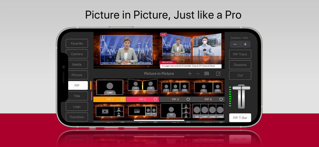 TopDirector - TopDirector mobile app interface showing professional picture-in-picture transition settings and multi-cam video layouts on an iPhone.