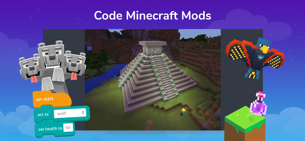 Tynker App-Oberfläche mit visueller Blockprogrammierung zur Erstellung von Minecraft-Mods