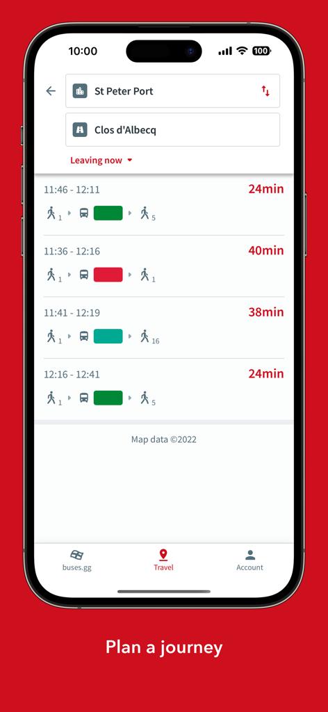 Buses gg - Screenshot of the Buses.gg app journey planner showing routes and travel times from St Peter Port to Clos d Albecq