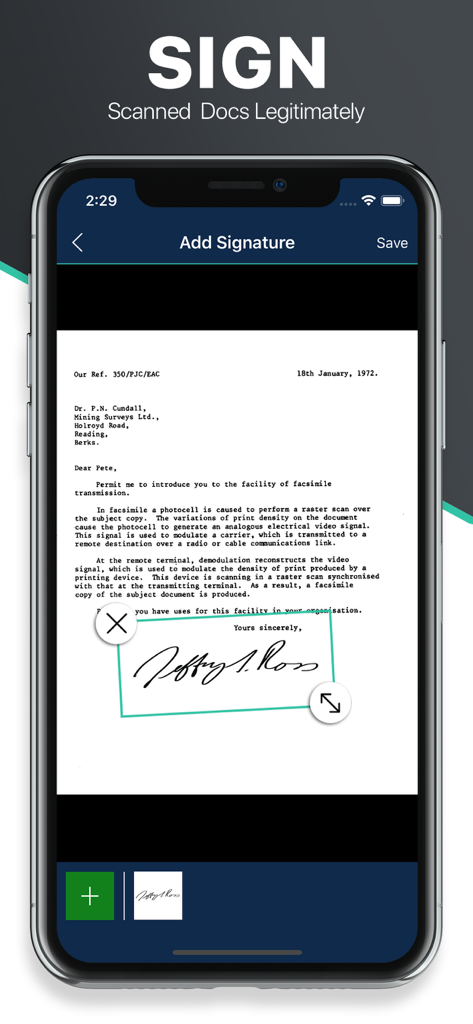 ドキュメントスキャナーアプリの電子署名機能を示しており、スキャンされた手紙に署名が追加されているiPhone画面。