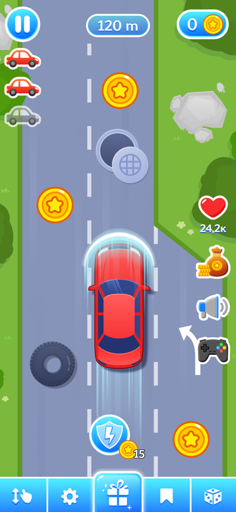 Swipe Games for Kids & Teens - Ein Top-Down-Autorenn-Minispiel, bei dem ein rotes Auto Hindernissen ausweicht und Münzen auf einer Straße sammelt