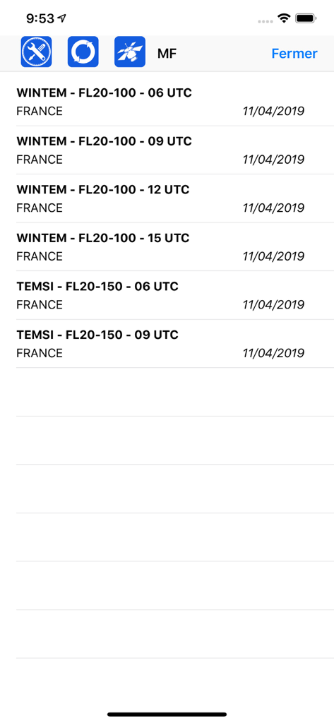 SDVFR - List of WINTEM and TEMSI aviation weather charts in the SDVFR mobile application interface