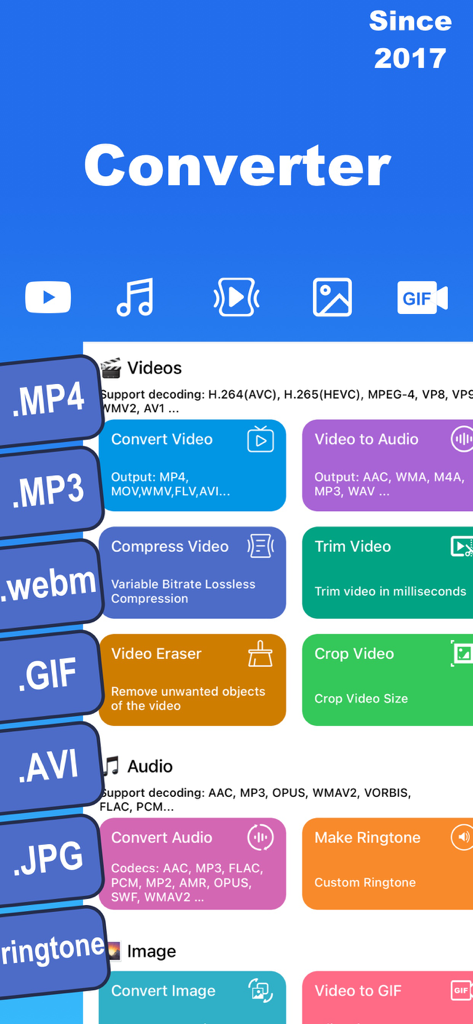 Media Converter - video to mp3 - Interfaccia dell'app Media Converter che mostra strumenti di conversione video e audio, compressione e creazione di suonerie