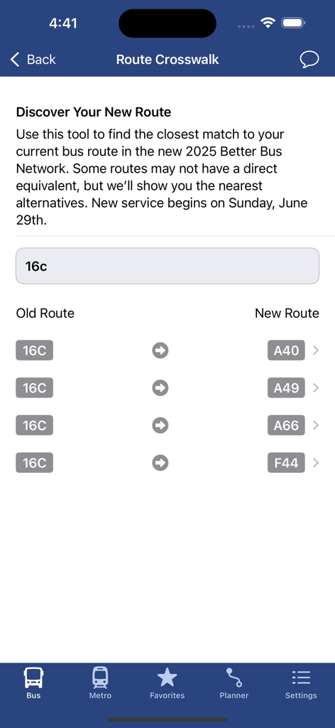 DC Metro and Bus - Funzione Route Crosswalk nell'app DC Metro and Bus che mostra le transizioni dai vecchi percorsi degli autobus alla nuova rete Better Bus Network del 2025.