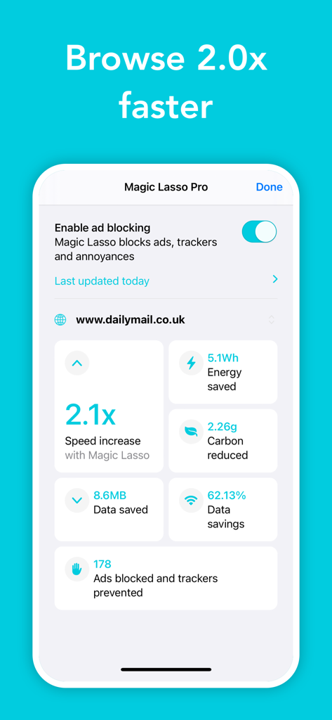 Ad blocker by Magic Lasso - Painel do aplicativo Magic Lasso Pro exibindo estatísticas de aumento de velocidade e anúncios bloqueados.