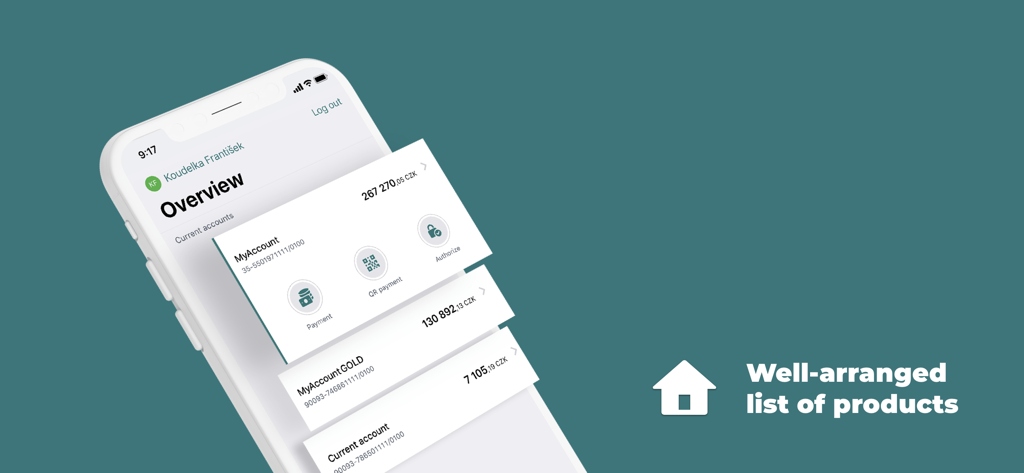 Account overview screen showing balances and quick payment actions in the KB Mobilni banka Business app
