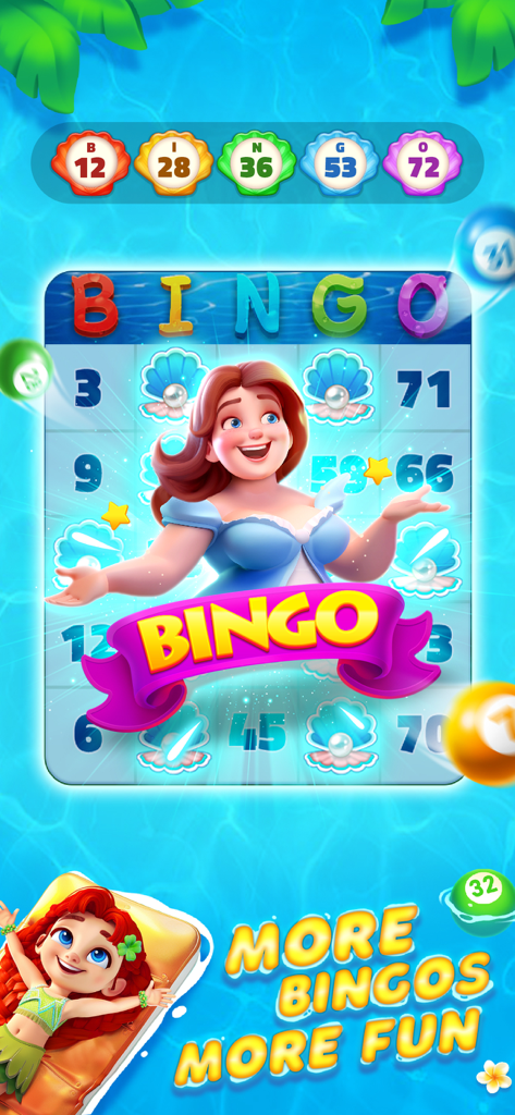 Bingo Island-Fun Family Bingo - 楽しそうな女性キャラクターが、真珠と浮かぶビンゴボールが描かれたトロピカルアイランドのテーマのビンゴカードの上にいる様子。