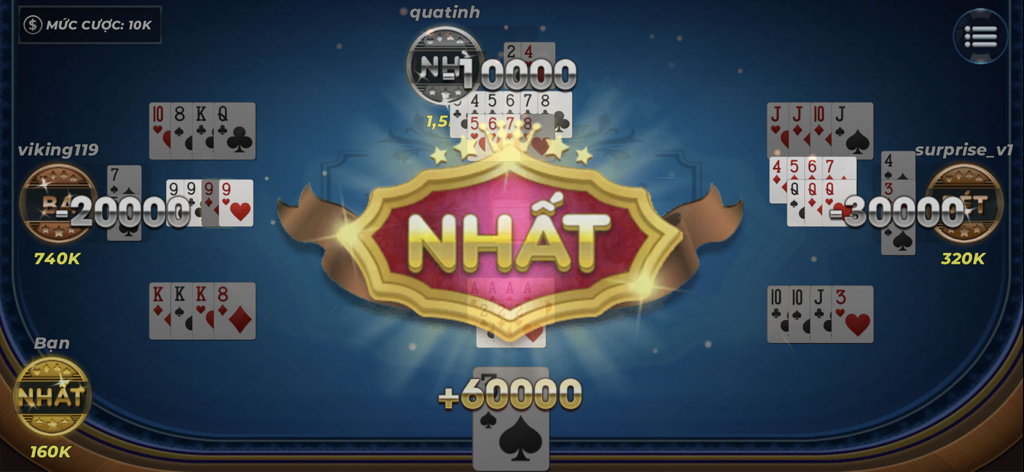 Gameplay screenshot of Phom Ta La Offline showing a player winning the round with a gold victory badge