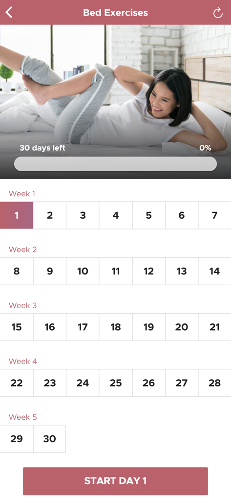 Lazy Workouts - A 30 day bed exercise challenge calendar in the Lazy Workouts app featuring a woman exercising on her bed.