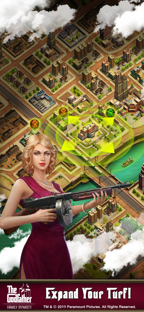 Eine Frau mit einer Thompson-Maschinenpistole vor einem Stadtplan mit dem Text Erweitere dein Revier aus Der Pate – Das Spiel