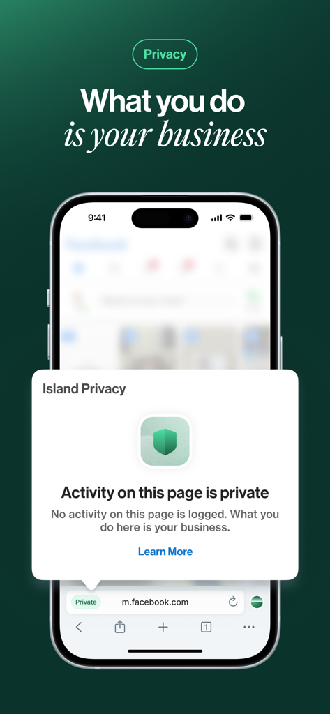 A mobile interface of the Island Enterprise Browser showing a privacy notification stating that activity on the page is private and not logged.