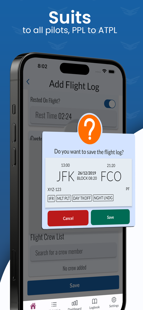 MyLog | Digital Pilot Logbook - JFKからFCOまでのフライトログ概要と保存プロンプトを表示するMyLogアプリのスクリーンショット