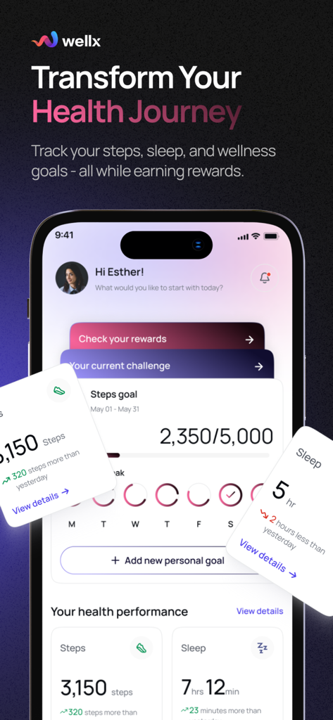 Wellx.ai - Wellx mobile app dashboard displaying daily steps and sleep goals with health rewards