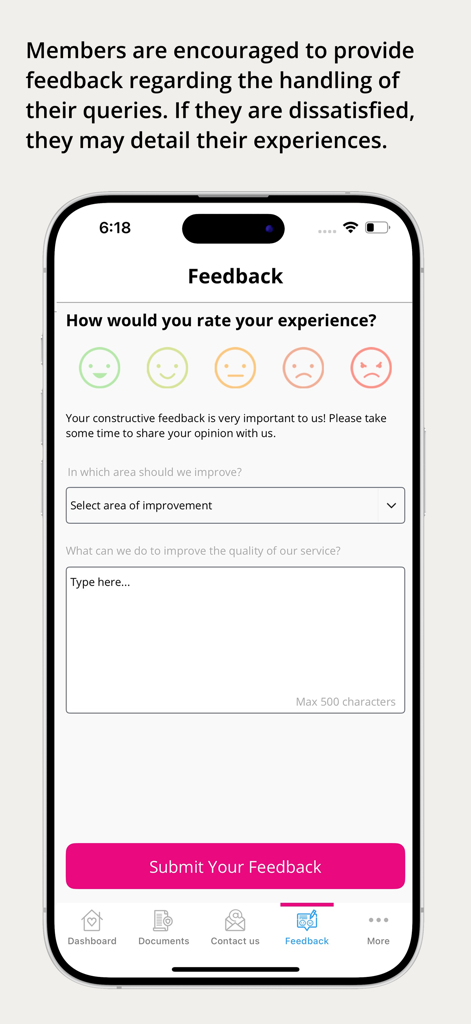 HCI Group - HCI Group insurance app feedback form with rating emojis and comment section