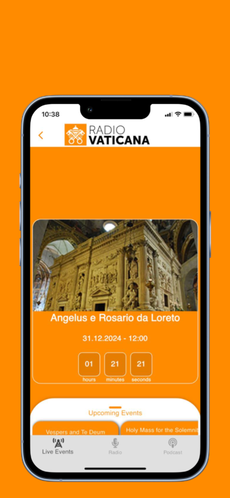실시간 종교 행사 카운트다운이 표시된 바티칸 라디오 앱 인터페이스를 보여주는 스마트폰 화면.