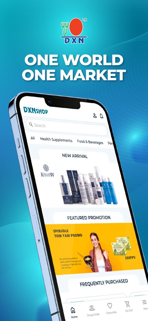 DXN Shop - Interfaccia dell'app DXN Shop che mostra integratori per la salute e banner promozionali